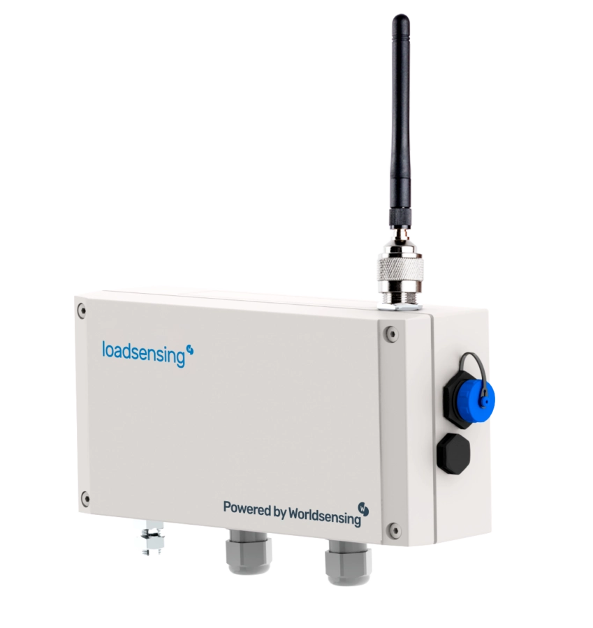 A white rectangular sensor device with a black antenna, blue port, and "loadsensing" branding on the side.