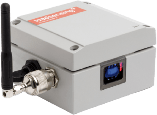 A rectangular industrial sensor device with a black antenna, a visible connector, and a small blue display on one side.