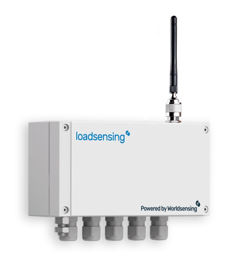 A white electronic device labeled "loadsensing" with four cable ports at the bottom and a black antenna on top.