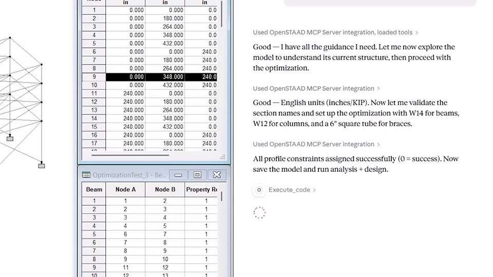 A computer screen displays engineering software with tables of beam data, a structural diagram, and optimization notes detailing design steps and unit settings.