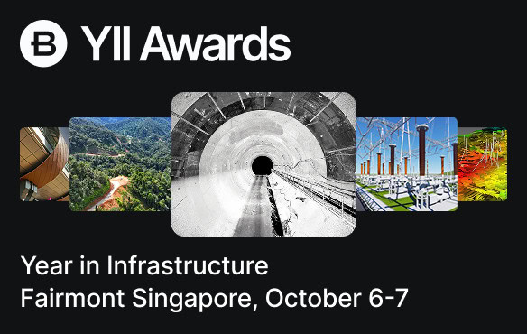 YII Awards promotional banner showing infrastructure images, event title, and details: Year in Infrastructure, Fairmont Singapore, October 6–7.