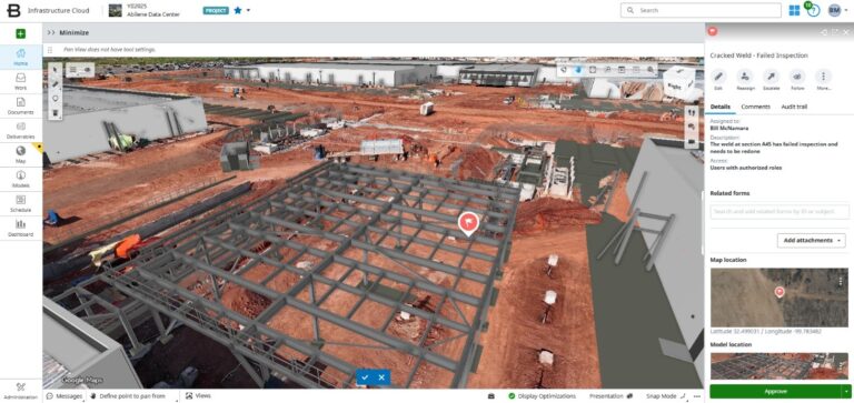 A digital 3D model of a construction site shows a steel framework structure in progress, with project details and inspection status displayed on the right side of the screen A digital 3D model of a construction site shows a steel framework structure in progress, with project details and inspection status displayed on the right side of the screen.