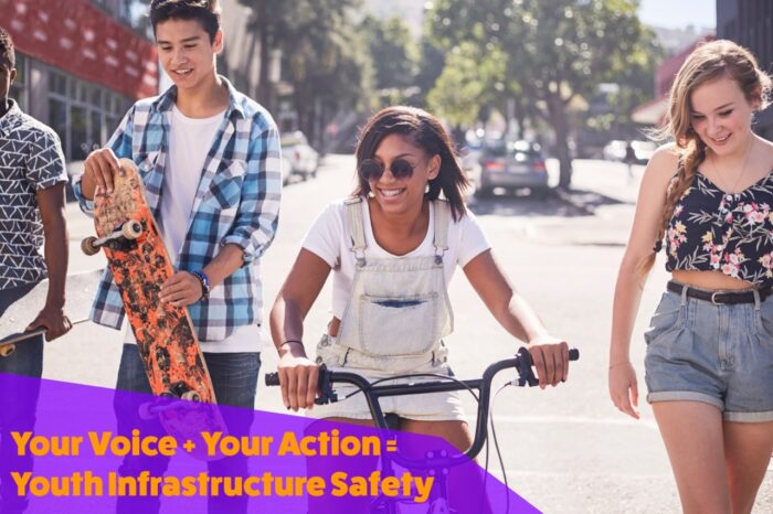 „Twój głos, Twoje działanie = bezpieczeństwo infrastruktury młodzieżowej". Nastolatkowie na zewnątrz, cieszący się słońcem, rozmawiający, szczęśliwi i jeżdżący na rowerach i deskorolkach