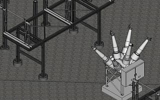 A detailed 3D model of an electrical substation showing all major equipment and structures