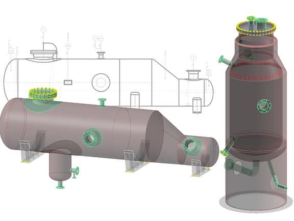 Detailed 3D mechanical model of a shell-and-tube heat exchanger in AutoPIPE Vessel, showing internal tubes, baffles, support structures, and nozzle connections labeled TI, SI, and TO for pressure vessel analysis.