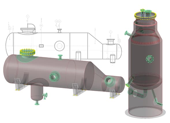 A detailed 3D model of a heat exchanger created in AutoPIPE Vessel for design and analysis.