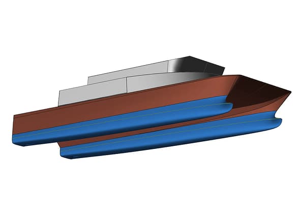 A detailed 3D ship hull design and hydrostatic model undergoing stability analysis and simulation within the Maxsurf naval architecture software.