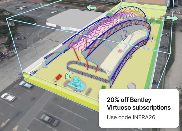 testA powerful collaborative hero image illustrating Bentley Infrastructure Cloud ProjectWise software interface, showing 3D digital twins.